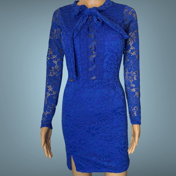 Carol Catugy Full Lace Bodycon Dress Medium Blue Backless Bow High Neck Stretch - Picture 1 of 15